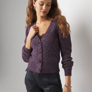 Jewel Button Cardigan Sweater, WHBM, Size S, Plum Noir Mixed Marl